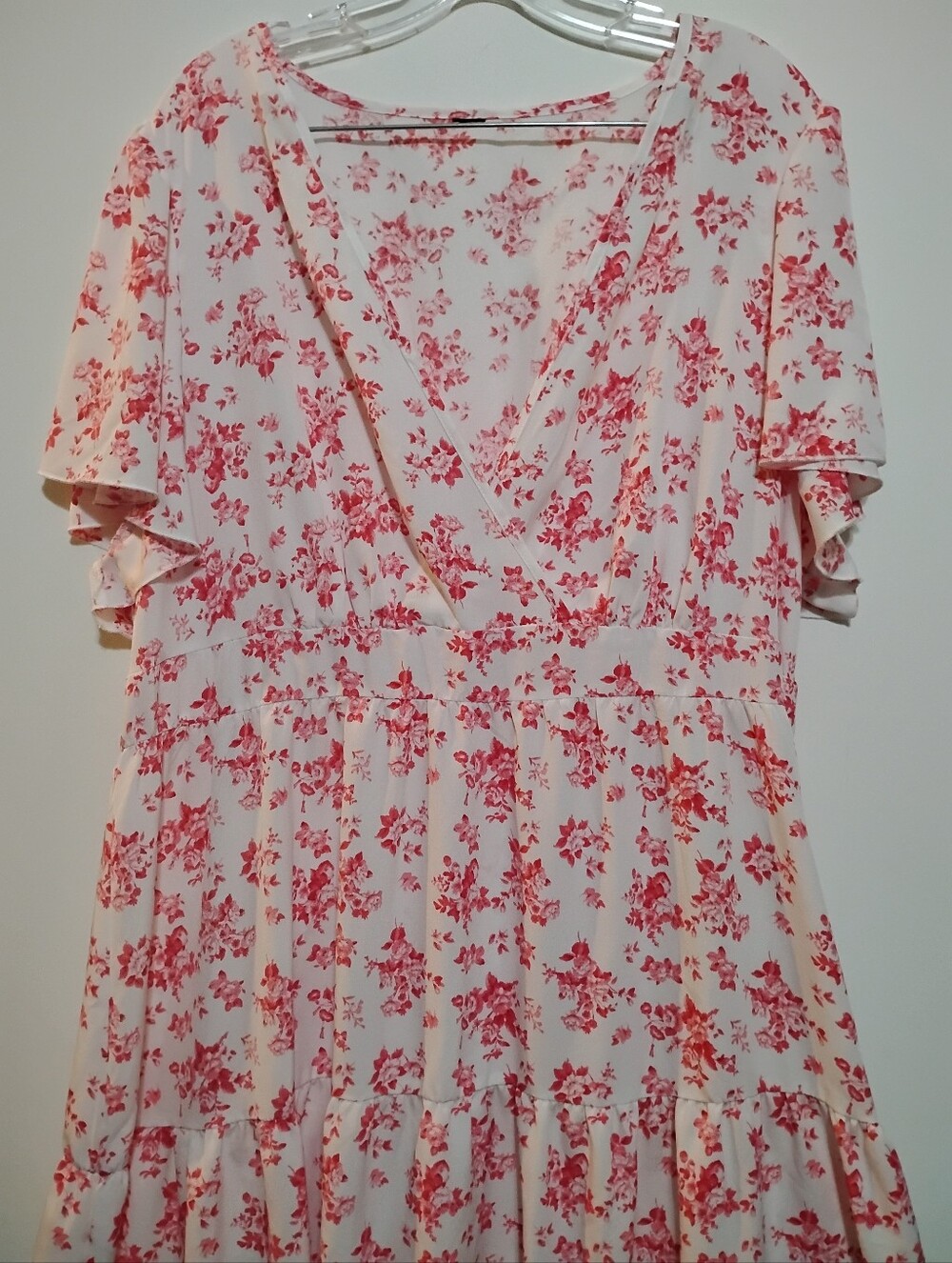 Cream & Pink Flowers Prints Silky Light Fabric Maxi Dress Flare Short Sleeve 3XL